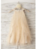 Boho Beach Champagne Tulle Knee Length Flower Girl Dress 